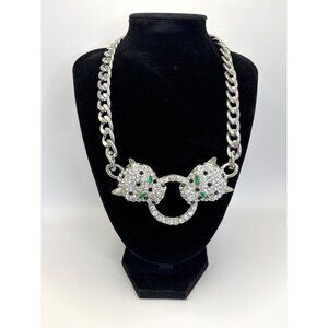 Silver Tone Cuban Chain Statement Necklace Double Leopard Rhinestone Head